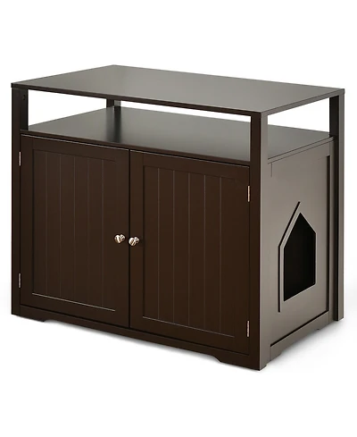 Gymax Wooden Cat Litter Box Enclosure Hidden Washroom w/ Storage Layer