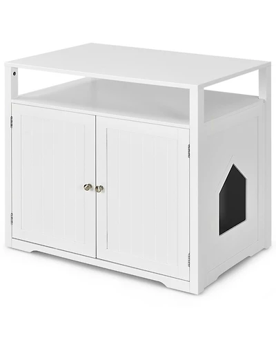 Gymax Wooden Cat Litter Box Enclosure Hidden Cat Washroom w/ Storage Layer