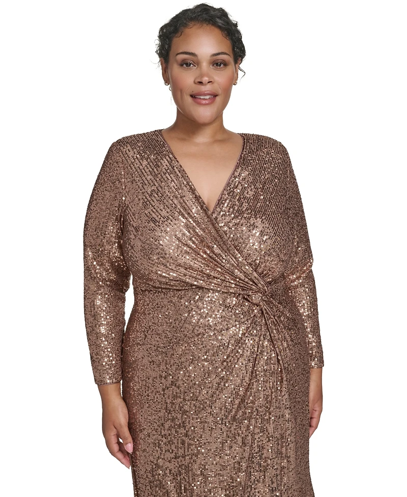 Jessica Howard Plus Sequin Twist-Front Long Sleeve Gown