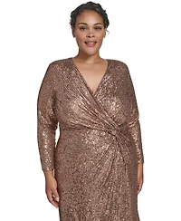 Jessica Howard Plus Sequin Twist-Front Long Sleeve Gown
