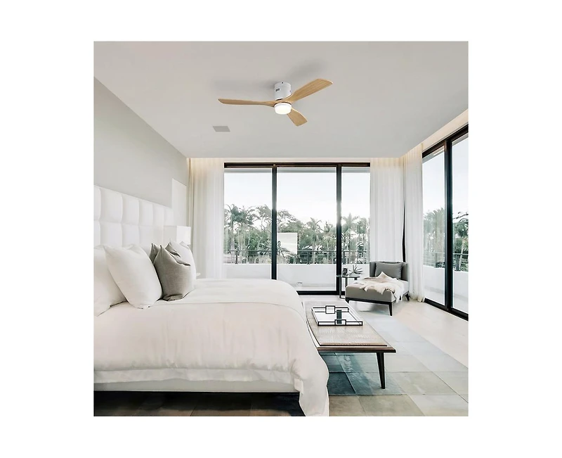 52-inch Modern White 3 Solid Wood Blades Flush Mount Tri color Adjustable Ceiling Fan Light with Remote Control and Forward Reverse Rotation Function
