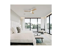 52-inch Modern White 3 Solid Wood Blades Flush Mount Tri color Adjustable Ceiling Fan Light with Remote Control and Forward Reverse Rotation Function