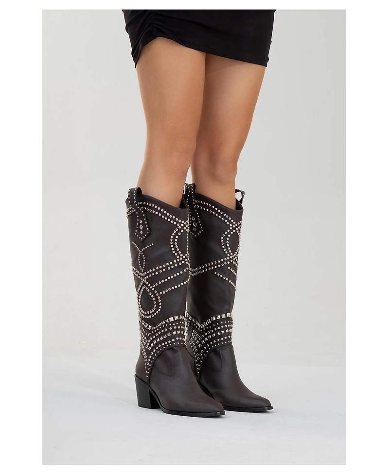 Prologue Shoes Draga Studded Block Heel Knee High Boot (Women)