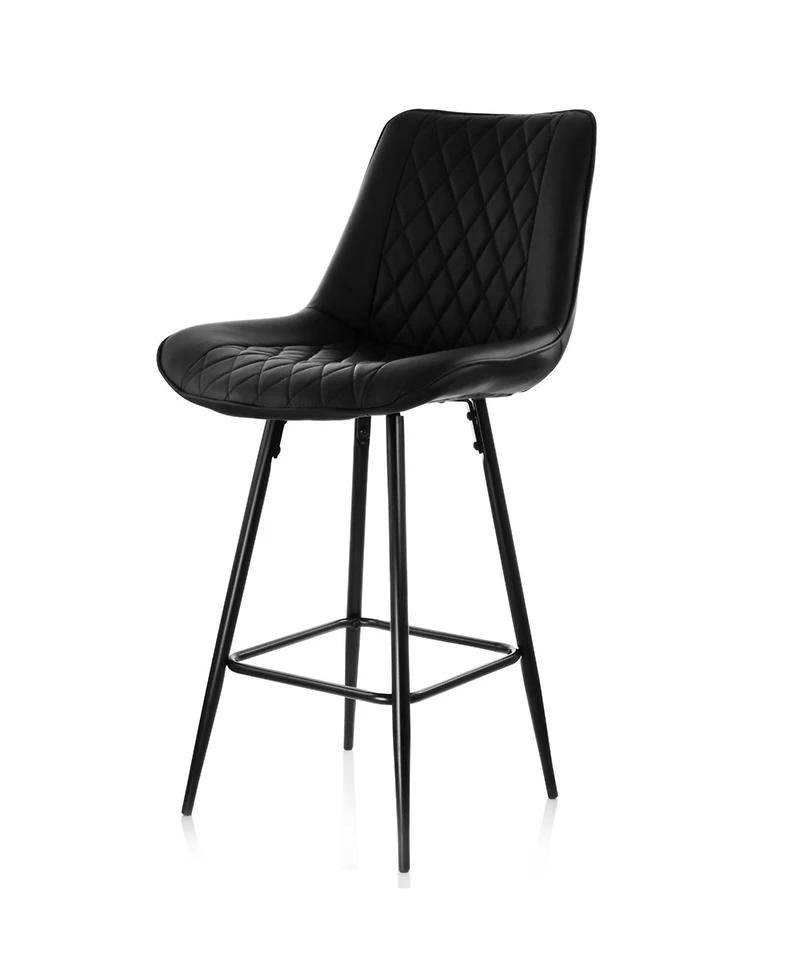 Elama 2 Piece Diamond Stitched Faux Leather Bar Chair in Black with Metal Legs