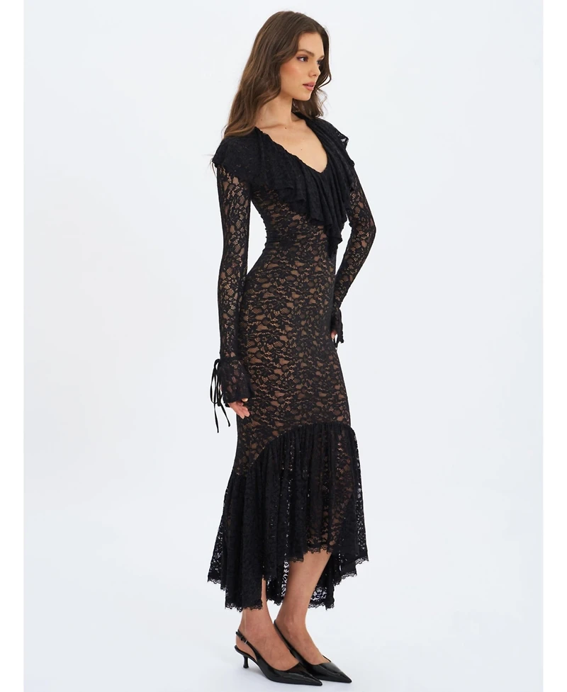 Miss Circle Women's Parisa Black Lace Ruffled Mermaid Maxi Dress