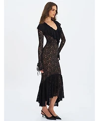 Miss Circle Women's Parisa Black Lace Ruffled Mermaid Maxi Dress