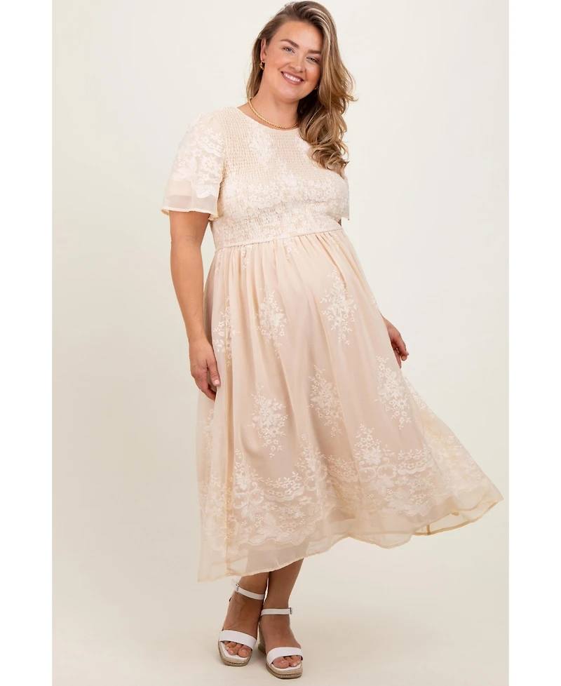 Pinkblush Plus Cream Embroidered Smocked Midi Dress