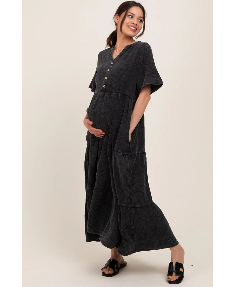 Pinkblush Maternity Black Button Front Tiered Maxi Dress