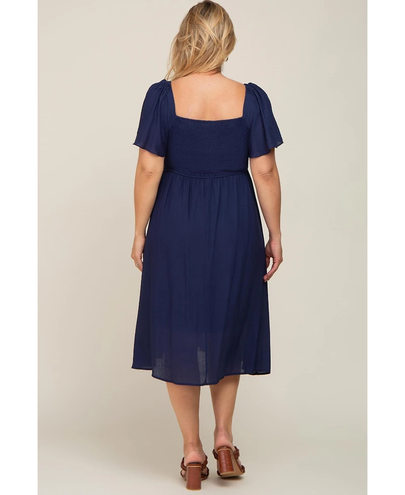 Pinkblush Plus Navy Blue Smocked Square Neck Flutter Short Sleeve Midi Dress