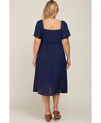 Pinkblush Plus Navy Blue Smocked Square Neck Flutter Short Sleeve Midi Dress