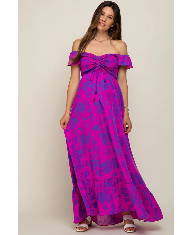 Pinkblush Maternity Magenta Floral Smocked Cinched Top Maxi Dress