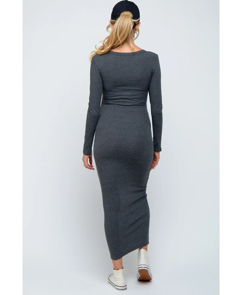 Pinkblush Maternity Black Ribbed Fitted Long Sleeve Midi Dress