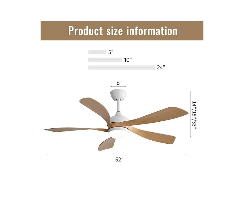 Sofucor 52-inch Modern Downrod Indoor Abs 5 Blades Led Light with Remote Control Support Six Speed Ajustable Ceiling Fan