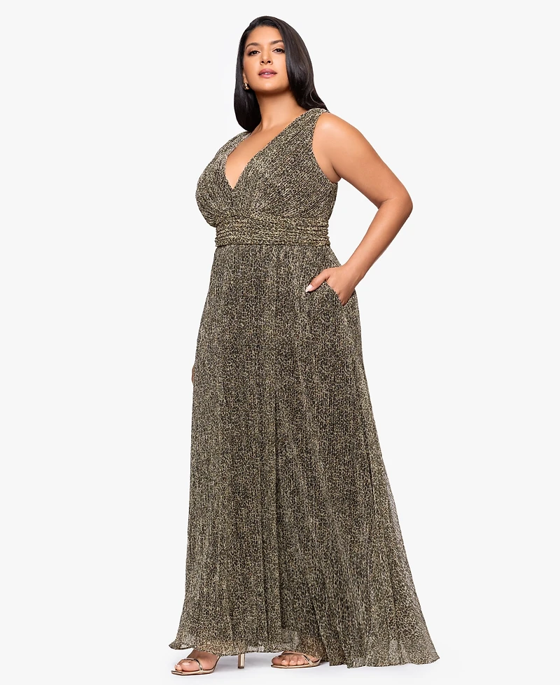 Betsy & Adam Women's V-Neck Pleated Animal Print Gown