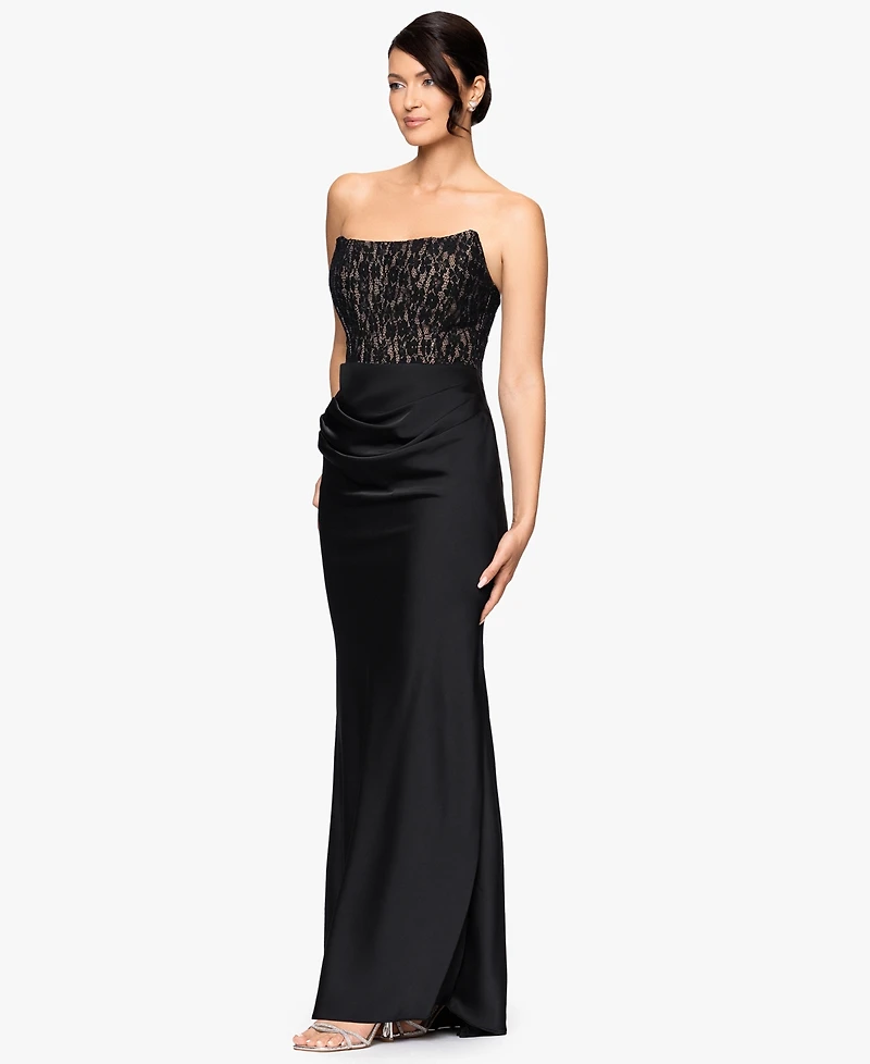 Betsy & Adam Women's Strapless Lace Top Gown