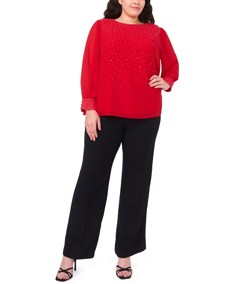 Msk Plus Size Rhinestone Embellished Balloon Sleeves Top