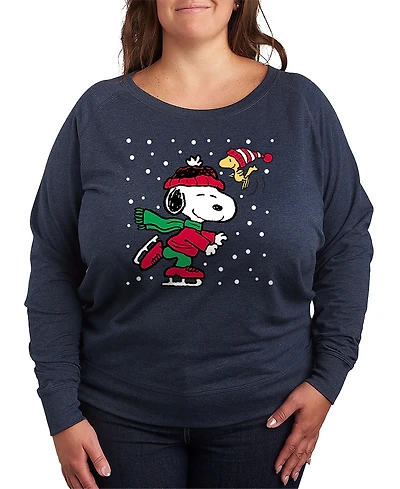 Hybrid Apparel Christmas Snoopy Woodstock Ice Skate Women's French Terry Long Sleeve Shirt