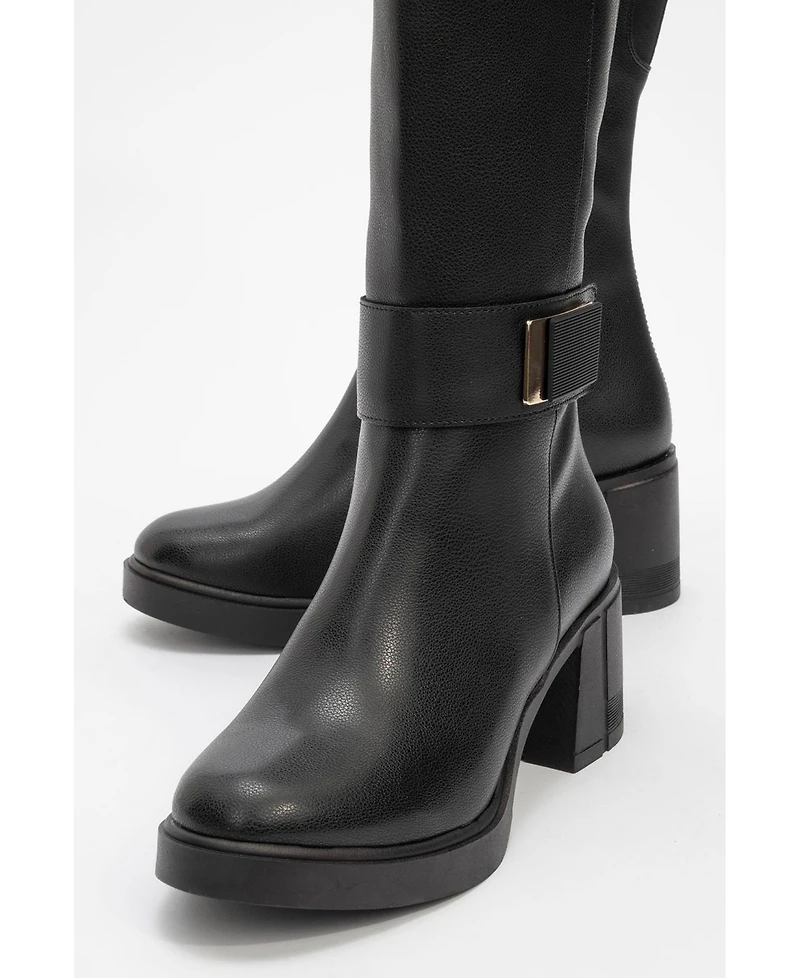 Prologue Shoes Moreni Stretch Buckle Block Heel Knee High Boot (Women)