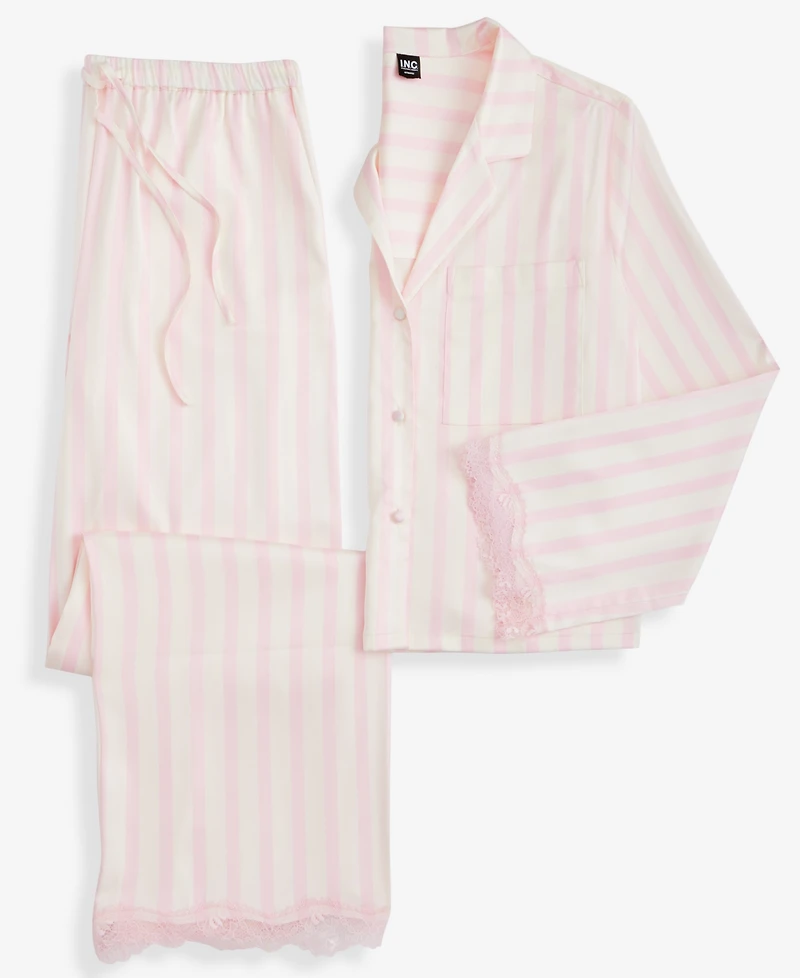 I.n.c. International Concepts Women's Long-Sleeve Lace Trim Boxy Satin Notch Set, Created for Macy's