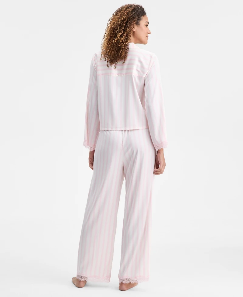I.n.c. International Concepts Women's Long-Sleeve Lace Trim Boxy Satin Notch Set, Created for Macy's