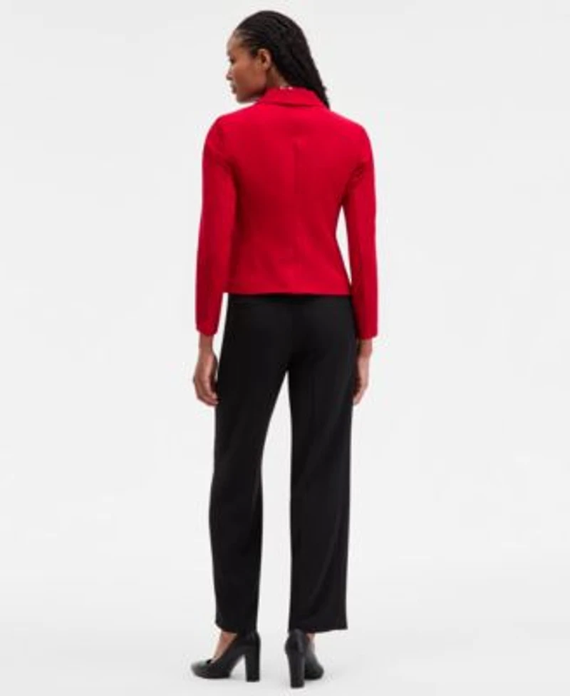 Kasper Womens Stretch Crepe Three Button Jacket Floral Print Pleated Shoulder Blouse Stretch Crepe Wide Leg Pants