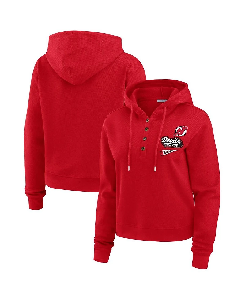 Wear by Erin Andrews Women's Red New Jersey Devils Waffle-Knit Pullover Hoodie