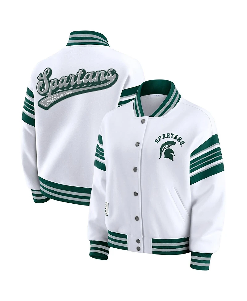 Wear by Erin Andrews Women's White/Green Michigan State Spartans Satin Stitch Full-Snap Fleece Sweatshirt Jacket