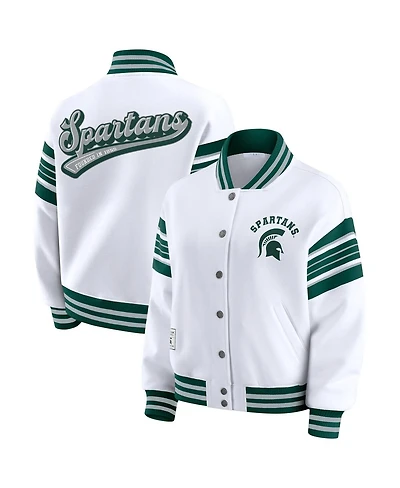 Wear by Erin Andrews Women's White/Green Michigan State Spartans Satin Stitch Full-Snap Fleece Sweatshirt Jacket