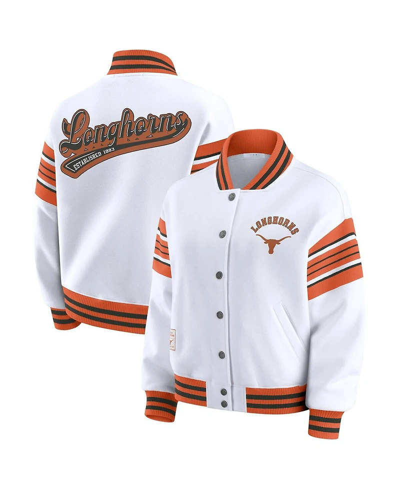 Wear by Erin Andrews Women's White/Texas Orange Texas Longhorns Satin Stitch Full-Snap Fleece Sweatshirt Jacket