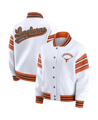 Wear by Erin Andrews Women's White/Texas Orange Texas Longhorns Satin Stitch Full-Snap Fleece Sweatshirt Jacket