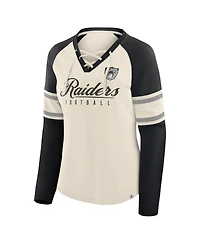 Fanatics Women's Cream/Black Las Vegas Raiders Hometown Gridiron Hero Raglan Lace-Up V-Neck Long Sleeve T-Shirt