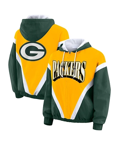 Wear by Erin Andrews Women's Gold/Green Green Bay Packers Plus Size Retro Crinkle Full-Zip Hoodie Windbreaker Jacket