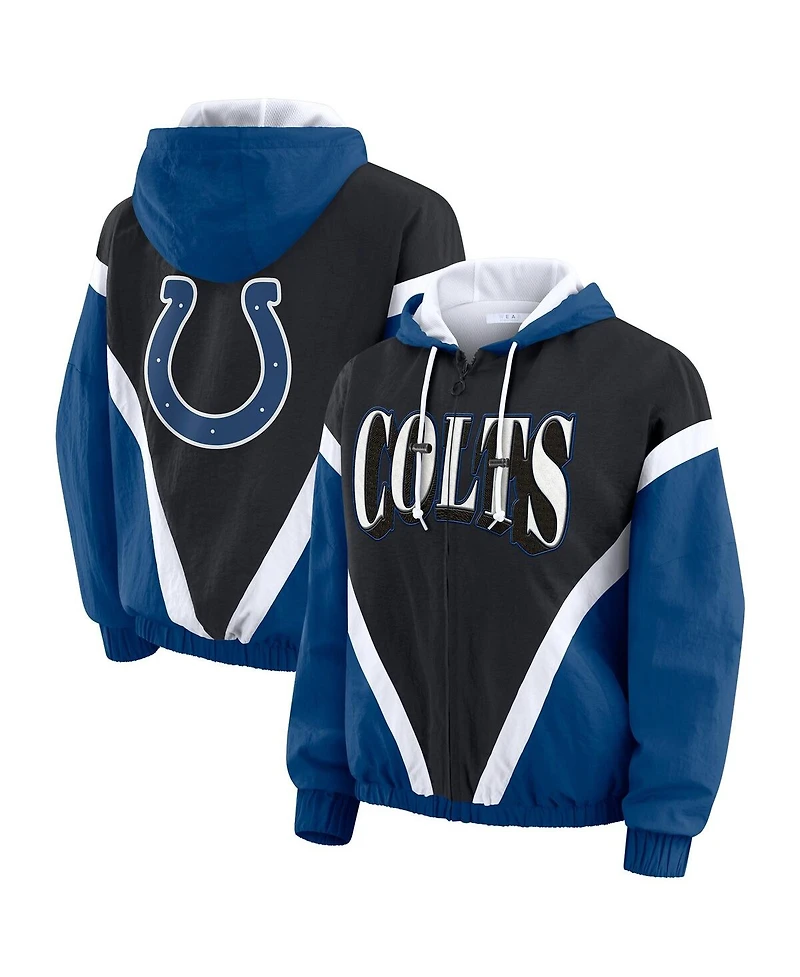 Wear by Erin Andrews Women's Black/Royal Indianapolis Colts Plus Retro Crinkle Full-Zip Hoodie Windbreaker Jacket