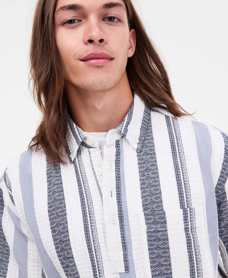 Sun + Stone Men's Short-Sleeve Textured Striped Popover Shirt, Macy's Exclusive