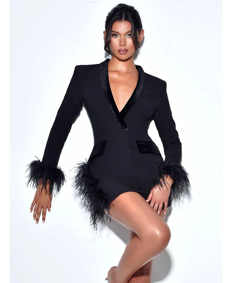 Miss Circle Women's Madeline Black Feather Trim Blazer Dress