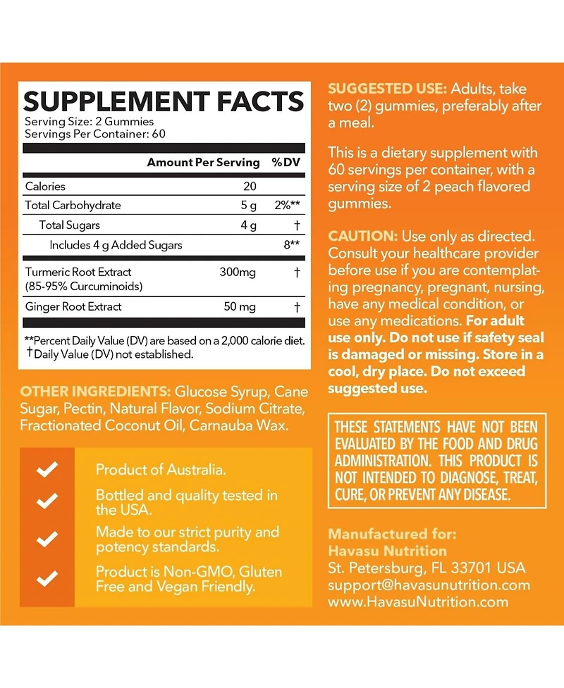 Havasu Nutrition Turmeric & Ginger Gummies, Peach, 120ct