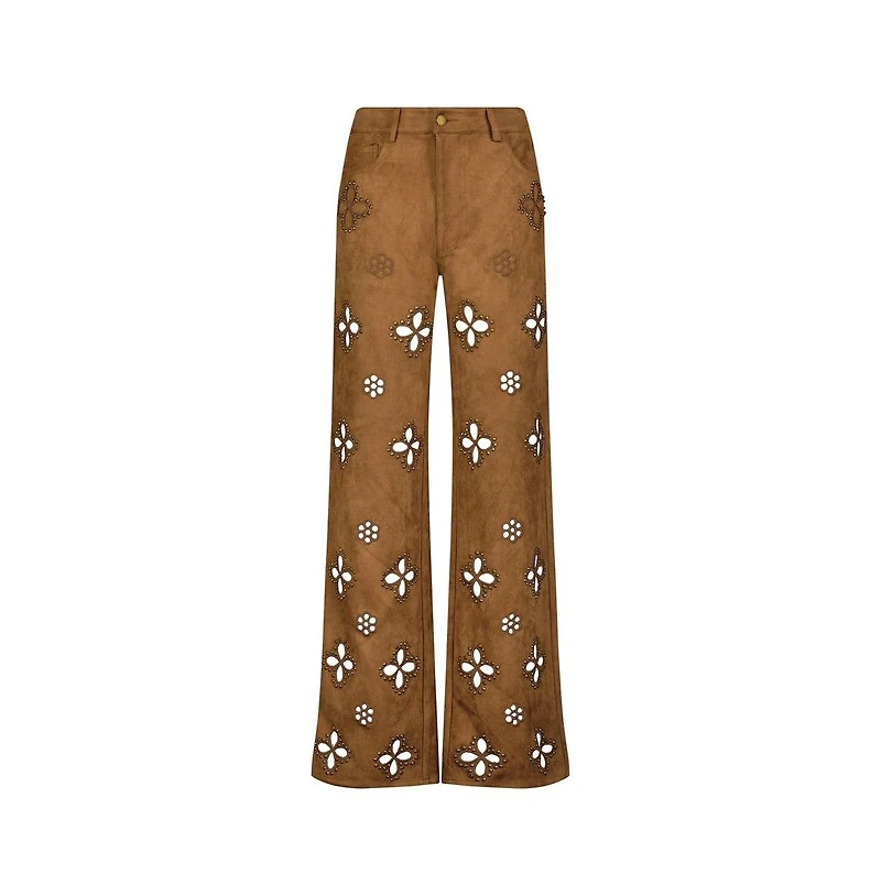The Noli Shop Women's Kaia Suede High Rise Jean - Cognac