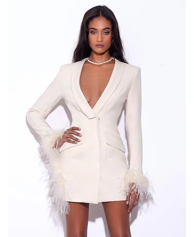 Miss Circle Women Madeline Pearl White Feather Trim Blazer Dress
