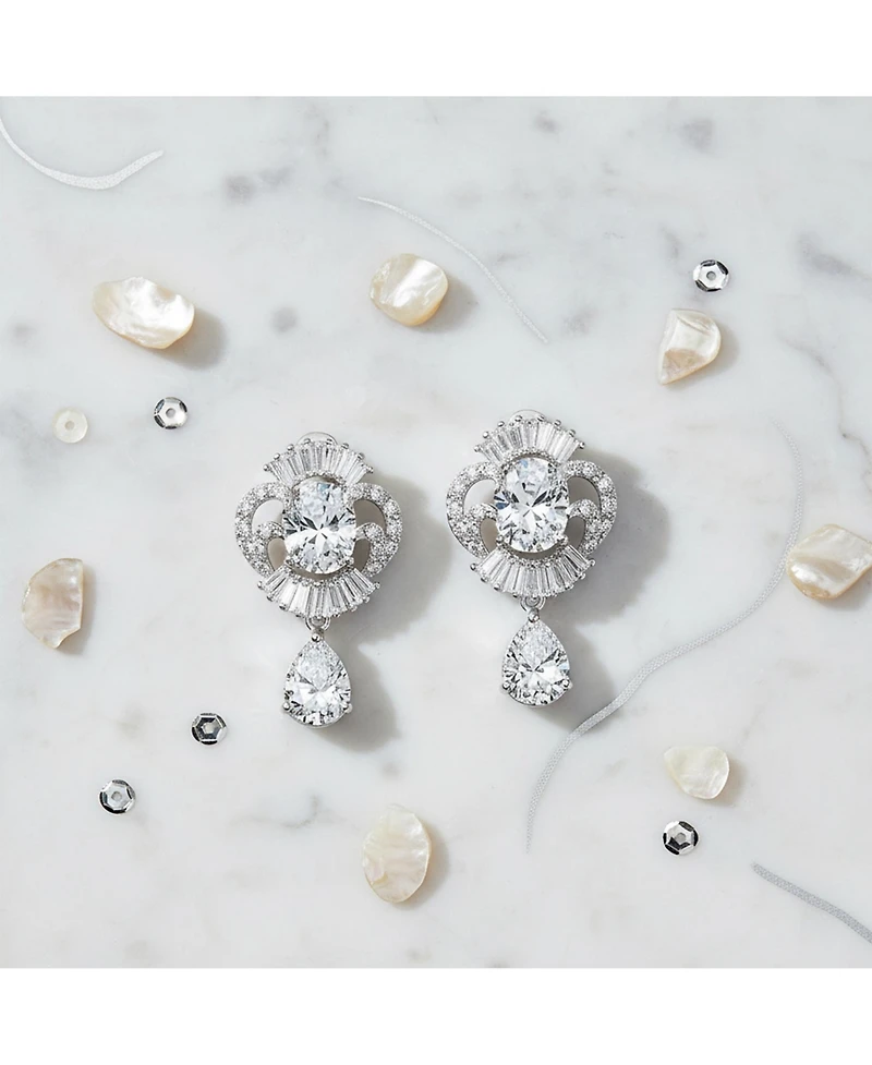 Bling Jewelry Art Deco Style Cz Teardrop Crown Baguette Dangle Drop Earrings Silver Plated Brass
