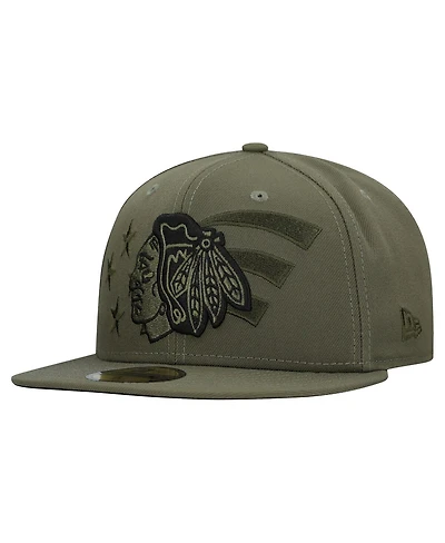 New Era Men's Olive Chicago Blackhawks Military Appreciation Flag 59FIFTY Fitted Hat
