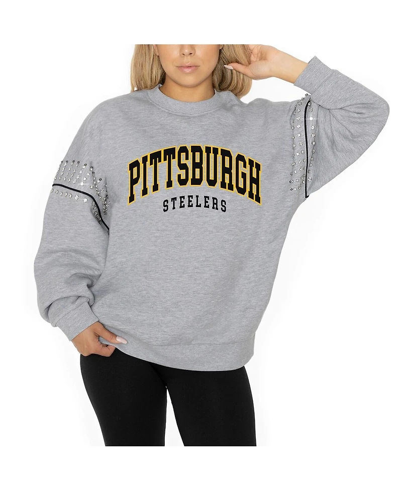 Gameday Couture Women's Ash Pittsburgh Steelers Rhinestone Drop Shoulder Oversized Fleece Pullover Sweatshirt