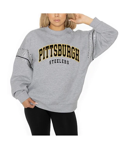 Gameday Couture Women's Ash Pittsburgh Steelers Rhinestone Drop Shoulder Oversized Fleece Pullover Sweatshirt