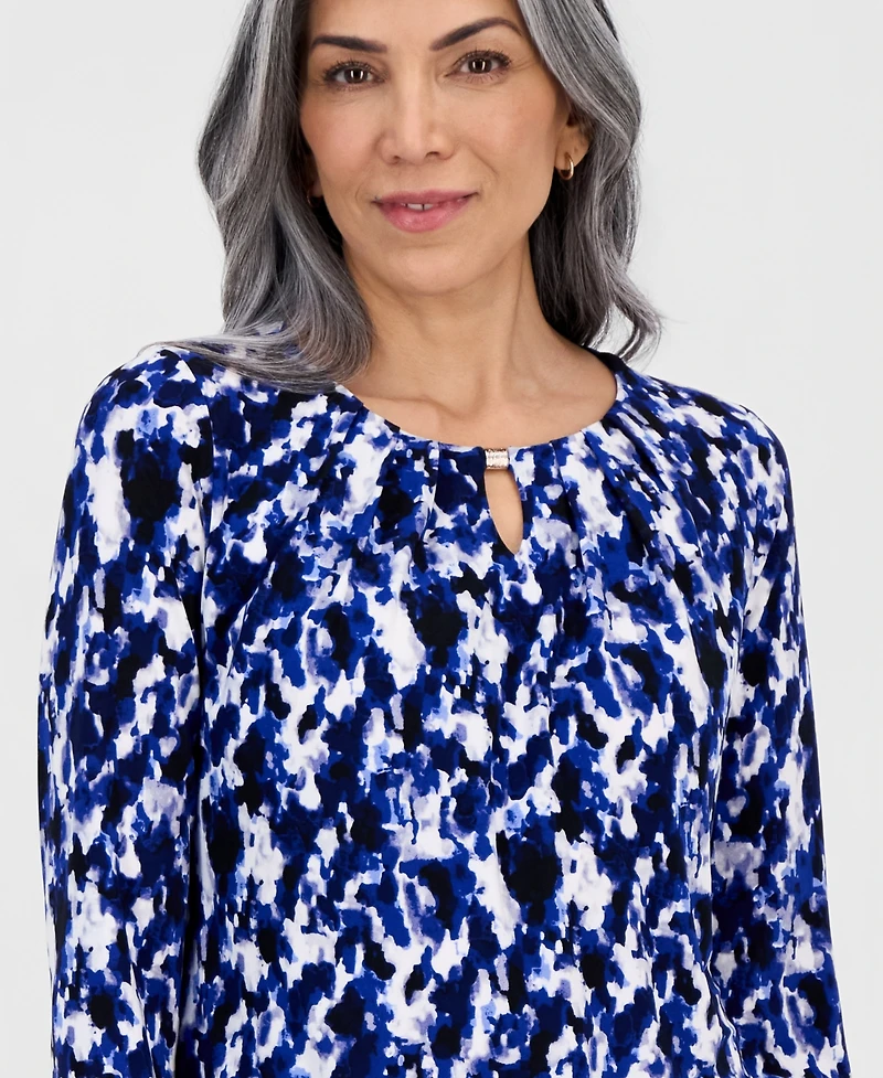 Kasper Women's Printed Pleat-Neck 3/4-Sleeve Top