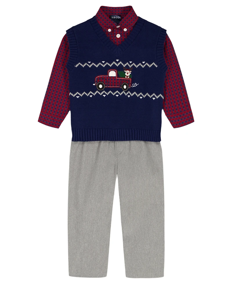 Izod Baby Boys 3-Piece Fairisle Truck Sweater Vest, Shirt and Pants Set