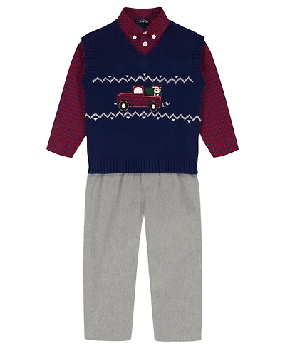 Izod Baby Boys 3-Piece Fairisle Truck Sweater Vest, Shirt and Pants Set