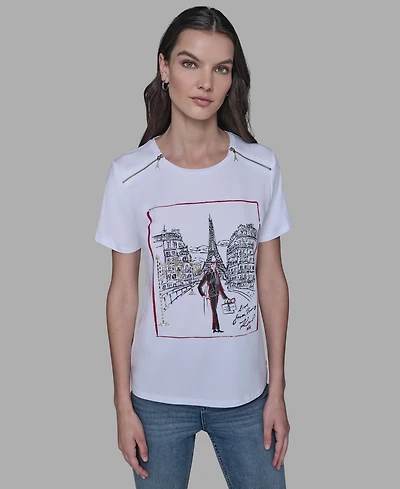 Karl Lagerfeld Paris Women's Zip-Shoulder T-Shirt