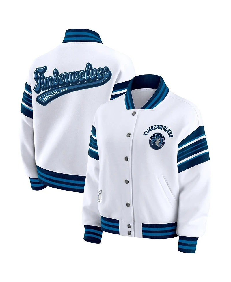 Wear by Erin Andrews Women's White Minnesota Timberwolves Snap Front Fleece Sweatshirt