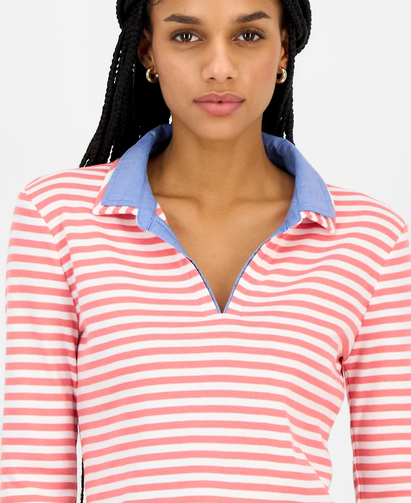 Nautica Jeans Women's Striped Double Collar Long Sleeve Cotton Shirt