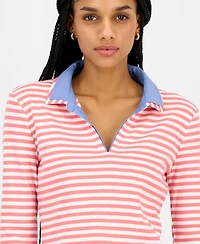 Nautica Jeans Women's Striped Double Collar Long Sleeve Cotton Shirt