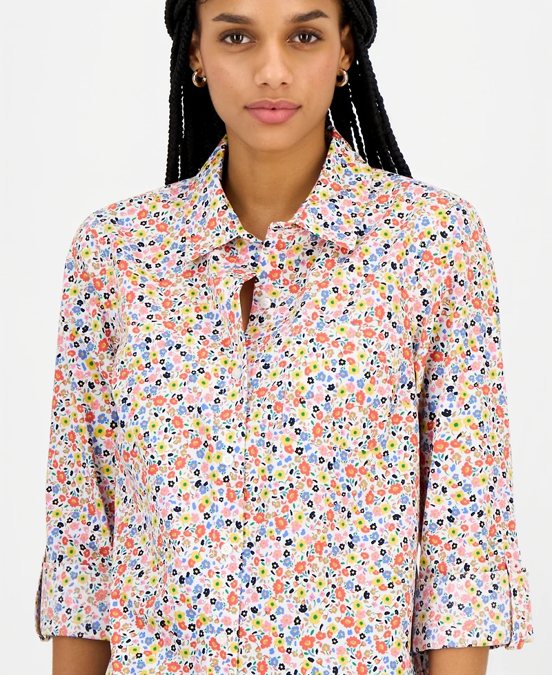 Nautica Jeans Women's Floral-Print Roll-Tab-Sleeve Cotton Shirt